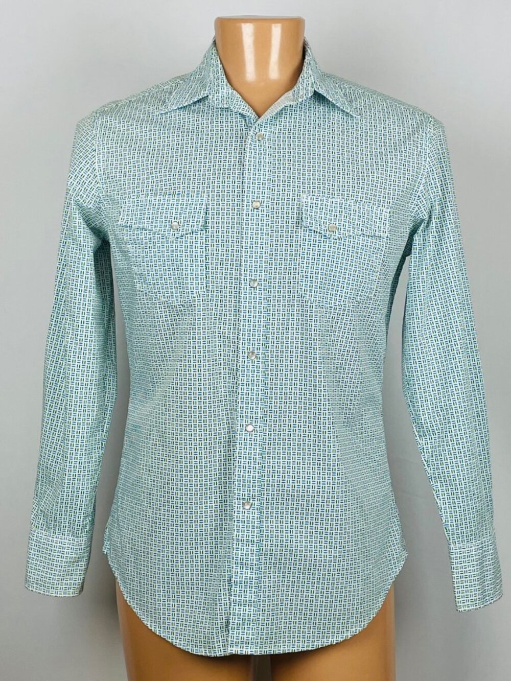 Wrangler Wrancher Western  Shirt Sz M Pearl Snap Blue Green Coastal Cowboy